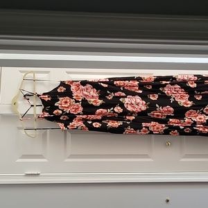 Black Womens Maxi dress with pink flowers. Unique halter neckline